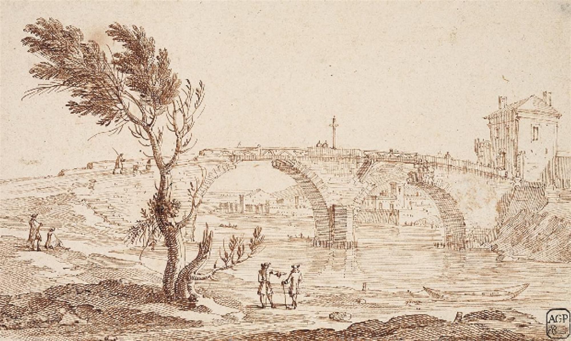Eighteenth Century landscape of a bridge and trees in summer.